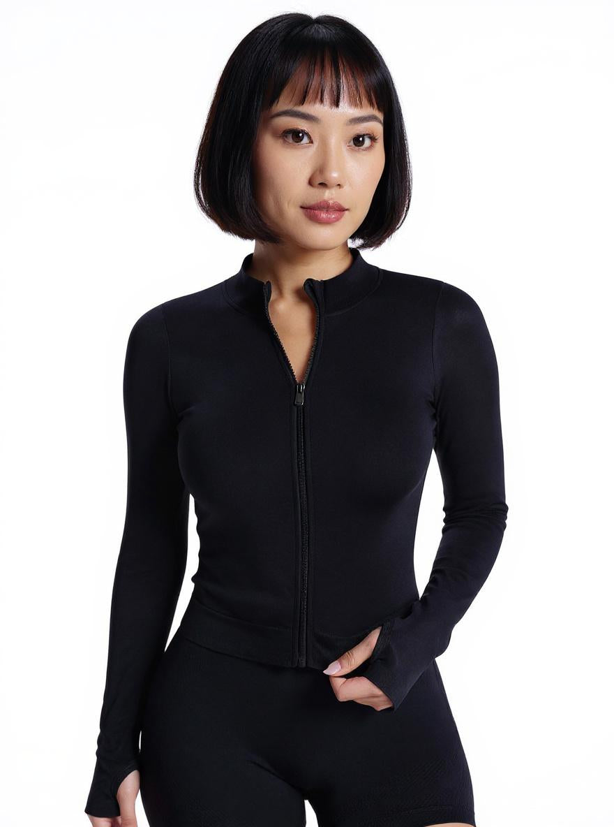 Seamless Zip-up Shirt Long Sleeve Sportswear Black